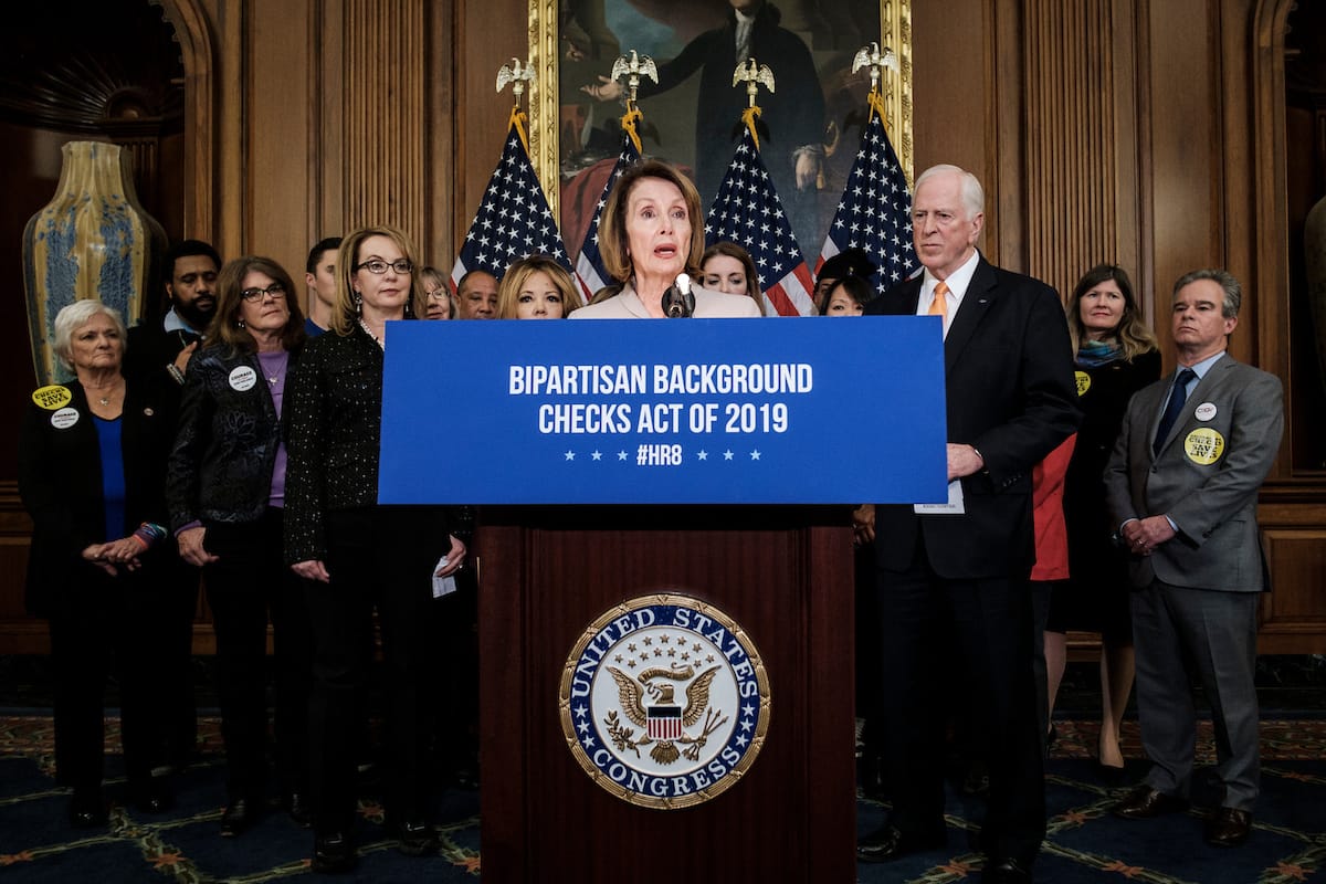 Speaker Pelosi, Rep. Mike Thompson, Rep. Lucy McBath, Shannon Watts and Gabrielle Giffords with survivors and advocates, announce the introduction of H.R. 8, the Bipartisan Background Checks Act.