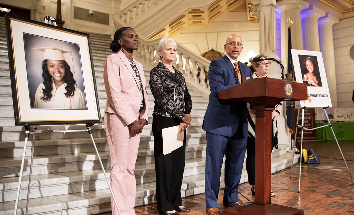 Michelle Roberson (far left) attends a press conference for state gun safety legislation in Pennsylvania.